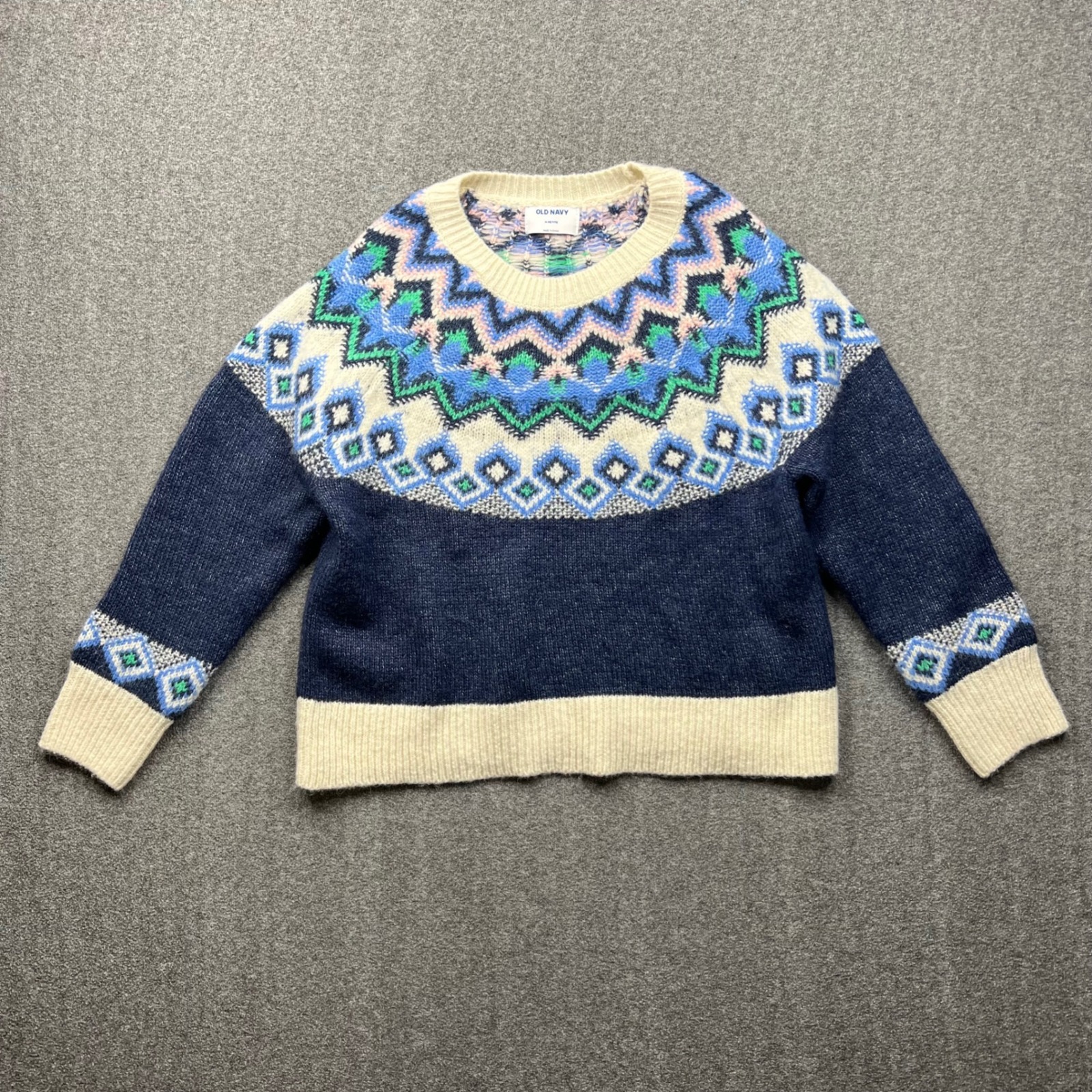 Old Navy Sweater Womens Medium Petite Navy Blue Fair Isle Festive Wool Blend